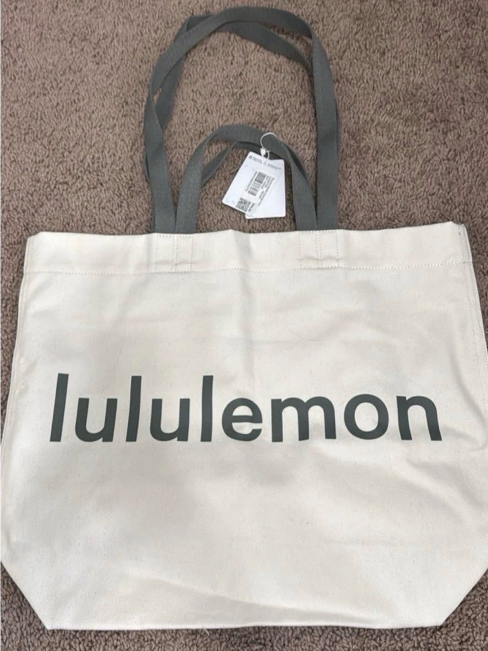 lululemon athletica Cream Canvas Tote with khaki green Logo and Handles